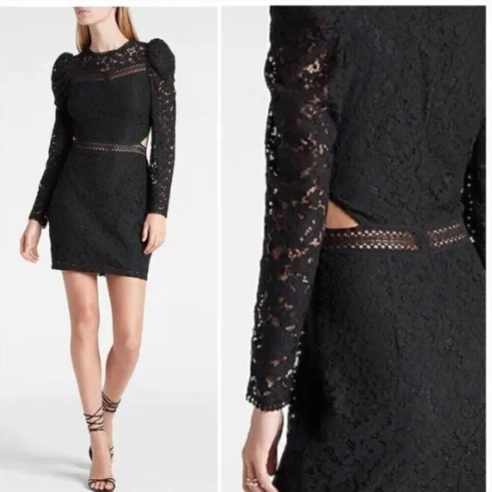 NWT Express Black Lace Puff Sleeve Side Cutout Dress Size M